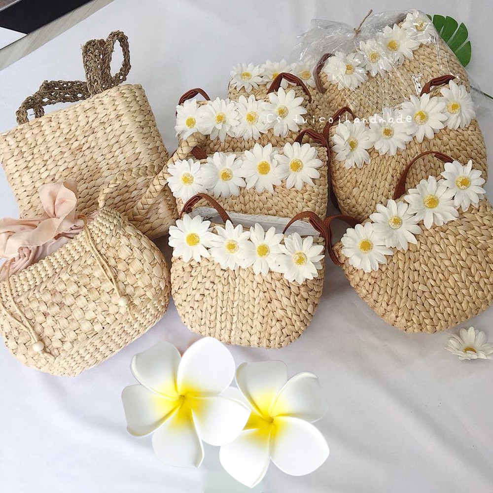 Combo Túi cói hoa cúc vintage + 1 đôi hoa cài tóc