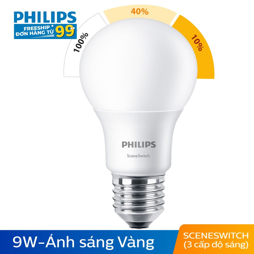 [Mã LIFEHOT1505 giảm 10% đơn 99K] Bóng Đèn Philips LED Scene Switch 3 Cấp Độ Chiếu Sáng 9W 3000K E27 - Ánh Sáng Vàng