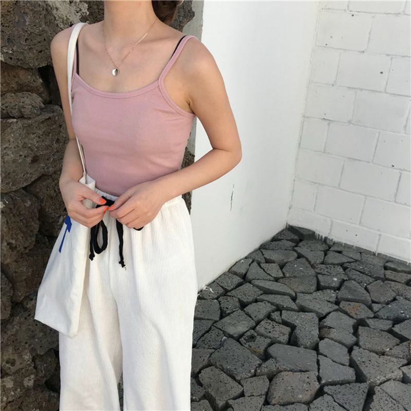 Áo Hai Dây Dệt Kim Cổ Chữ U Màu Sắc Ngọt Ngào Phong Cách Hàn Quốc Cho Nữ