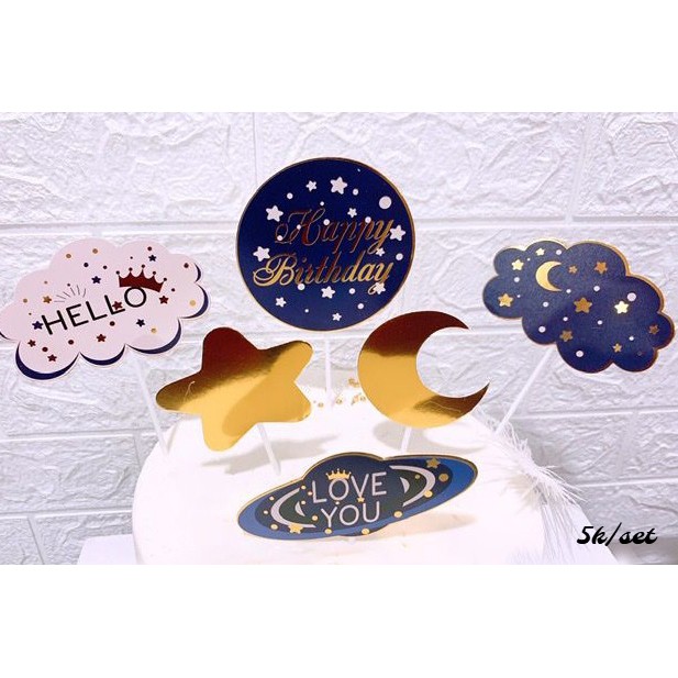 phụ kiện trang trí bánh sinh nhật [FREESHIP] thẻ cắm bánh mây trăng sao vũ trụ