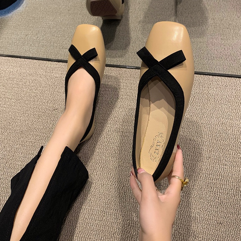 Giày Búp Bê Da Mềm Mũi Vuông Đính Nơ Thời Trang Cho Nữ