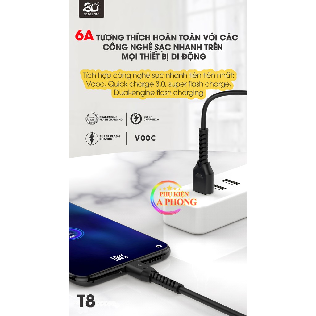 CÁP SẠC NHANH SIÊU TỐC T8 6A - Chính hãng SD - Sạc nhanh không hại pin cho Iphone, Samsung, Oppo - Bảo hành 12 tháng