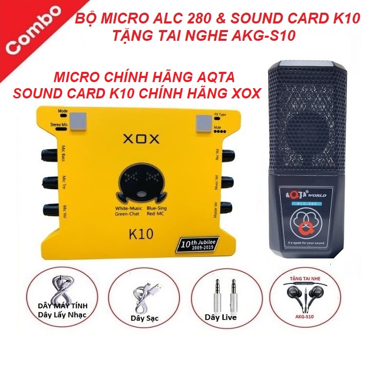 Combo Sound Card K10, Chính Hãng XOX - Tặng Tai Nghe AKG-S10  Micro ALC-280 Chính Hãng AQTA - Bảo Hành 6 Tháng