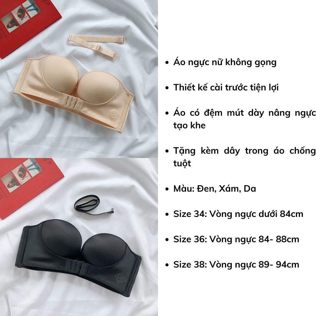 Áo lót nữ không gọng đúc su, Áo ngực nữ không dây cài trước đệm mút dày nâng ngực tạo khe sexy LANIXA B336