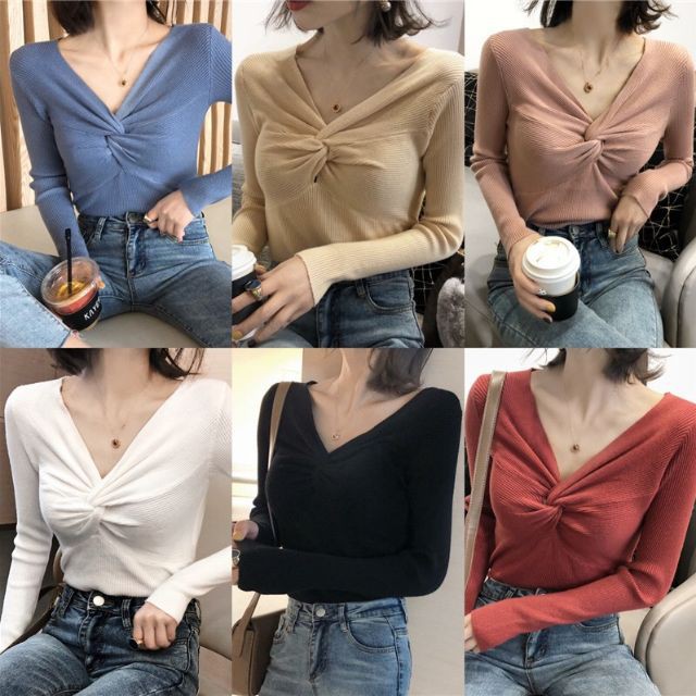 _ Áo len tăm cổ V xoắn ngực chất cực đẹp sexy sang chảnh