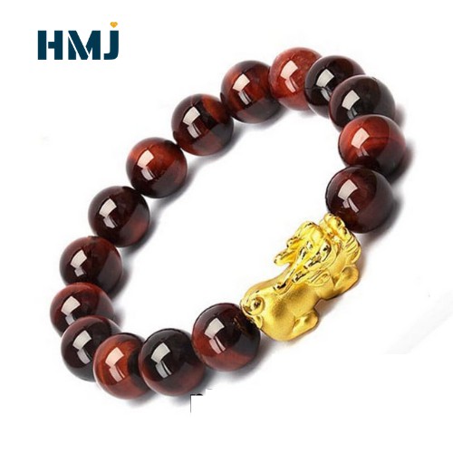 Vòng Tay Phong Thủy Vàng Nâu Đỏ Mix Tỳ Hưu Charm Bi Vàng May Mắn Tài Lộc May Mắn Đủ Size 8,10,12,14 (mm) - HỒNG MINH