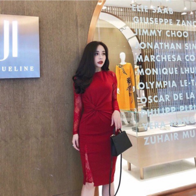 Đầm dáng ôm body xoắn eo phối tay ren kèm ảnh thật