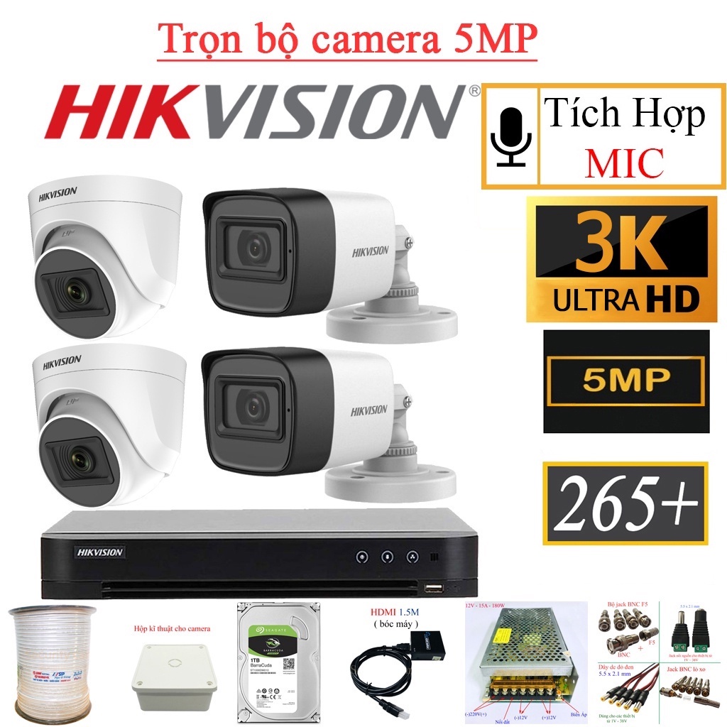 Trọn bộ Camera HIKVISION 5Mp 4 mắt [ Tíc Hợp Mic ] -  Chính hãng, đầy đủ phụ kiện, bảo hành 24 tháng