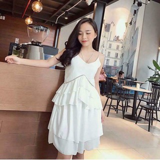 ĐẦM XÒE VOAN TIỂU THƯ 2 DÂY ĐI BIỂN MÀU TRẮNG