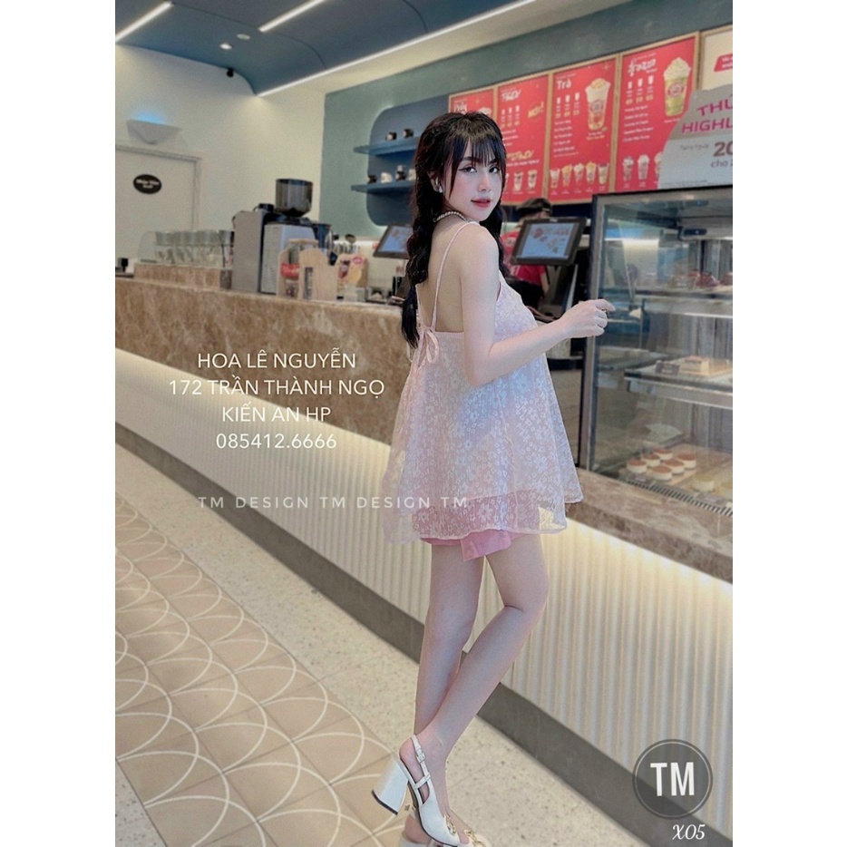 [Set đầm mới] Set 2 món đi chơi siêu xinh với đầm 2 dây sexy ngắn tà chất ren phối kèm quần đùi cá tính chất ford