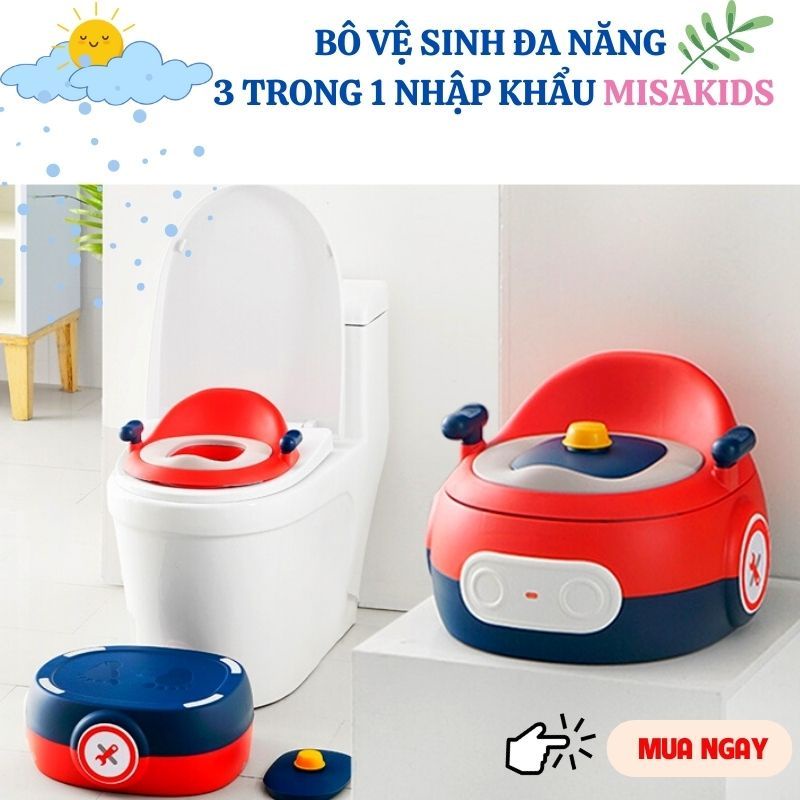 Bô vệ sinh đa năng 3 trong 1 cho bé, bệ thu nhỏ bồn cầu hàng nhập khẩu EU cao cấp, có đệm PU Misakids