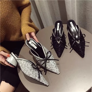 Giày mules đính đá mũi nhọn gót 4cm