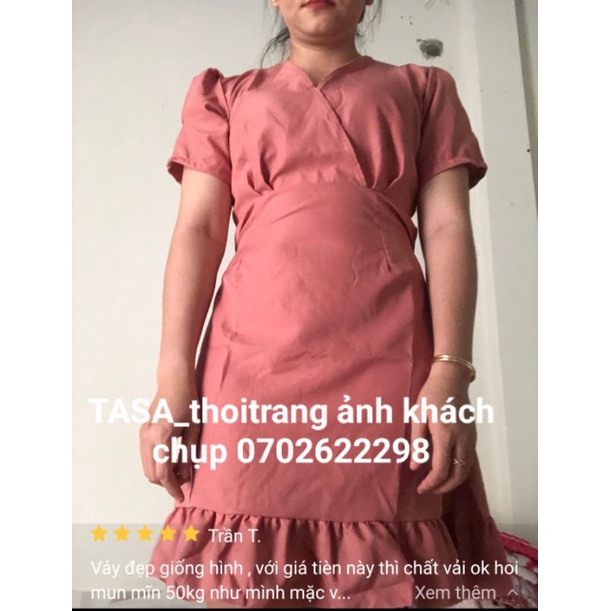 0N8-ảnh thật đầm xòe trơn kate tay ngắn kiểu đuôi cá có dây cột eo màu hồng cực xinh dạo phố TASA