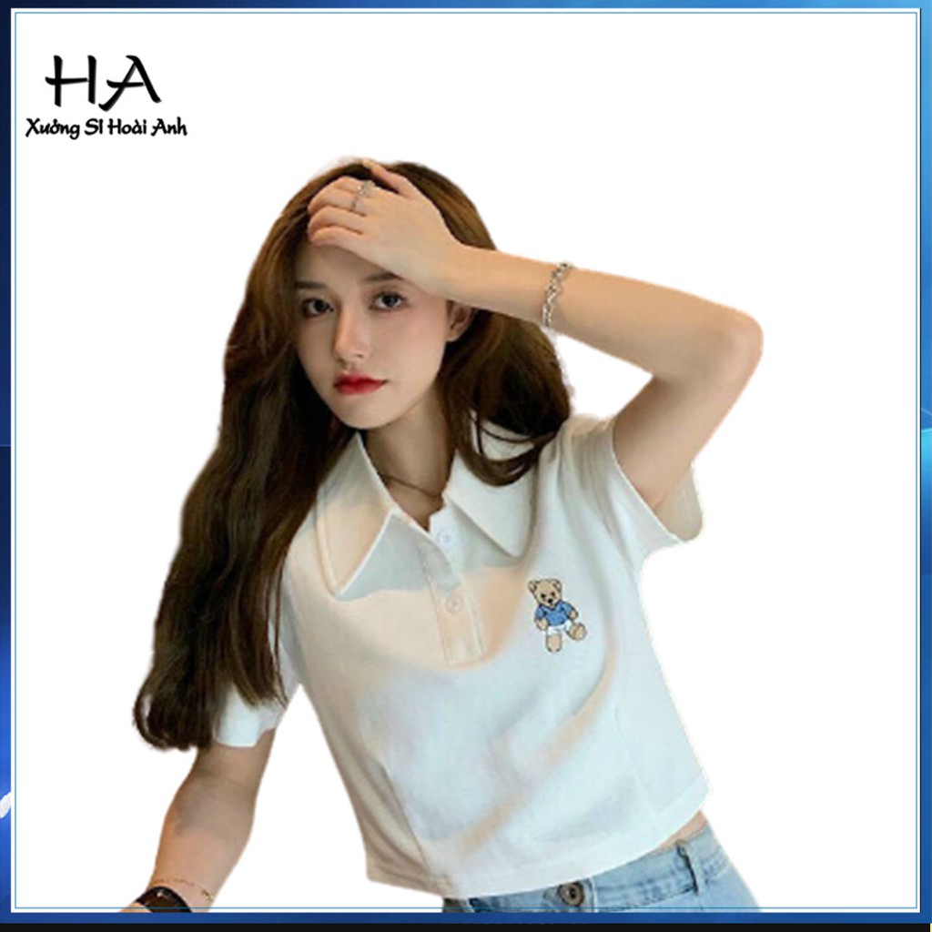 Áo kiểu croptop cổ trụ thêu gấu, Áo croptop nữ Polo chất thun borip mềm mại