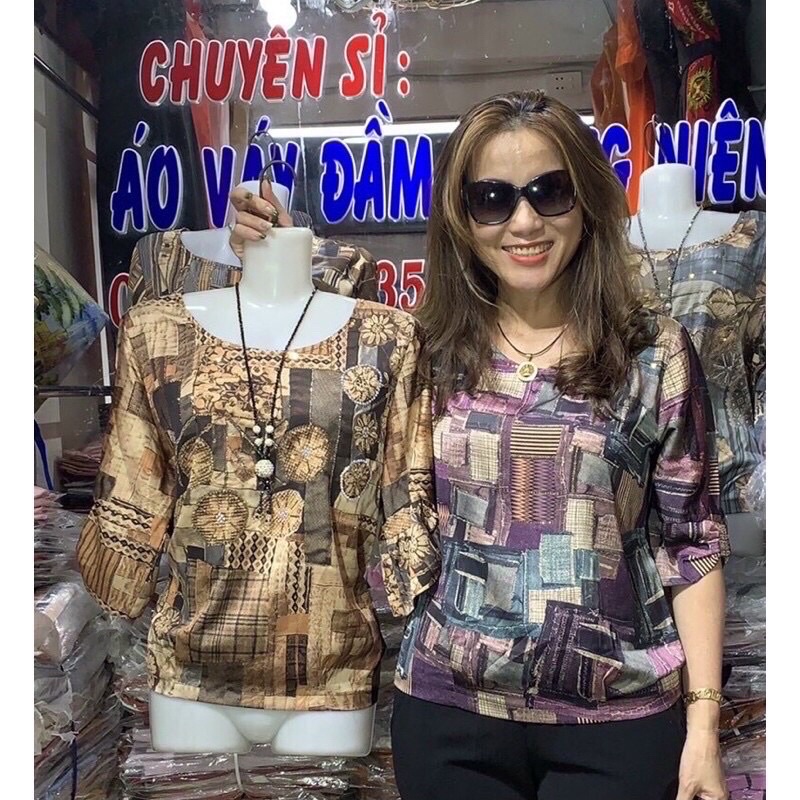 Áo Kiểu Nữ Trung Niên Chất Lụa Hoa Đính Đá Sang Trọng Free size 50-66kg