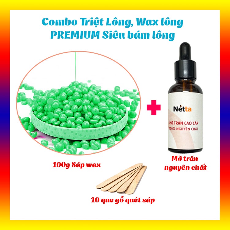 Combo triệt lông sáp wax lông bean RAY và mỡ trăn nguyên chất + 10 que gỗ, wax triệt lông nách, vùng kín, lông chân tay