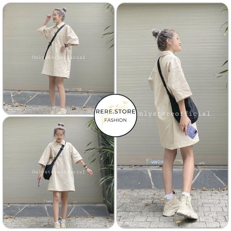 Váy Bánh Bèo Màu Be Cổ Sơ Mi Có Khóa Kéo - Rere.Store [FREESHIP] - Đầm suông tay lỡ phối túi ngực trái Ulzzang | BigBuy360 - bigbuy360.vn