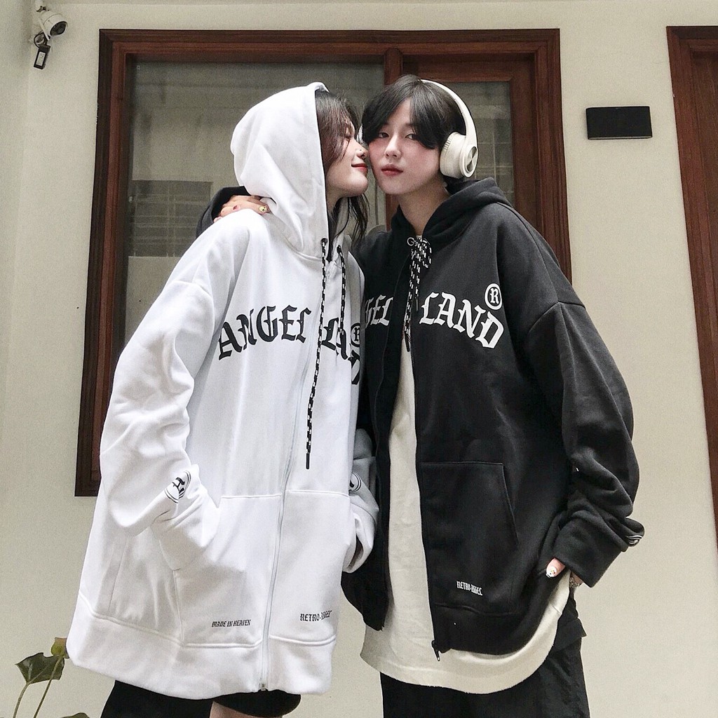 Áo Hoodie Khoá Kéo Angel-Land Chính hãng Retro-Angel Đen