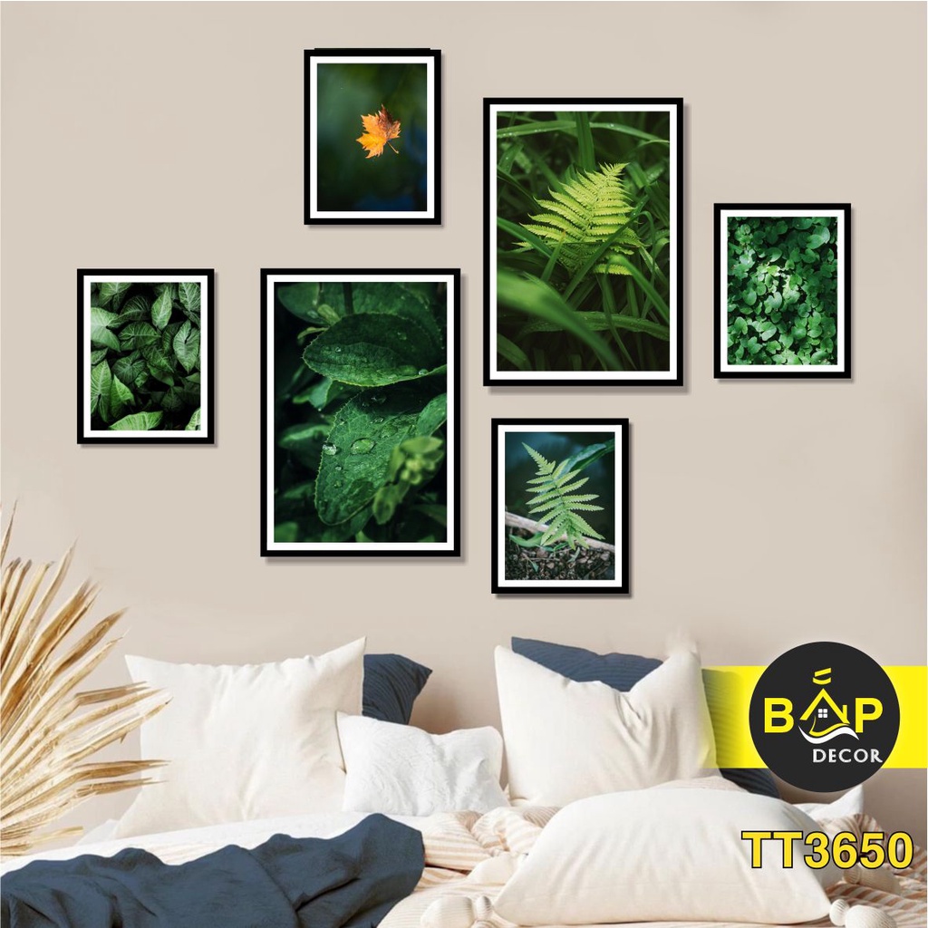 Tranh bộ treo tường, dán tường, mẫu lá và hoa sen, canvas, Bắp Decor