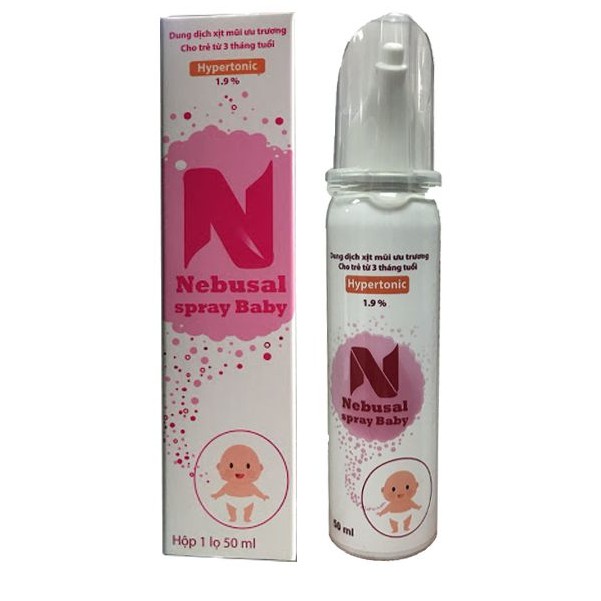 Dung dịch xịt mũi ưu trương cho trẻ từ 3 tháng tuổi Nebusal spray baby 1.9% chai 50ml làm sạch mũi trường hợp nghẹt mũi