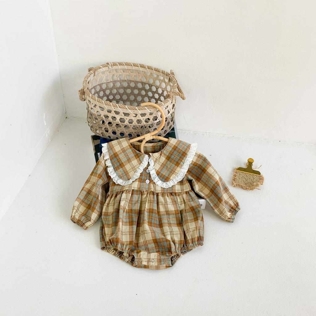 Bộ Áo Liền Quần Tay Dài Vải Cotton Họa Tiết Sọc Caro Thời Trang Mùa Thu Cho Bé Gái