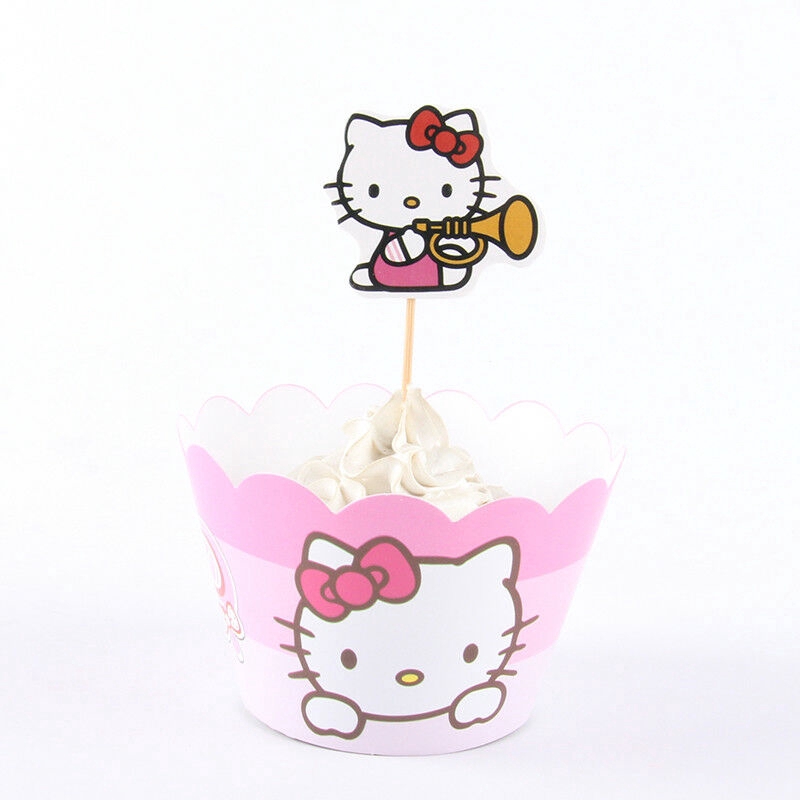 24pcs Happy Birthday Kitty Cupcake Wrappers Toppers