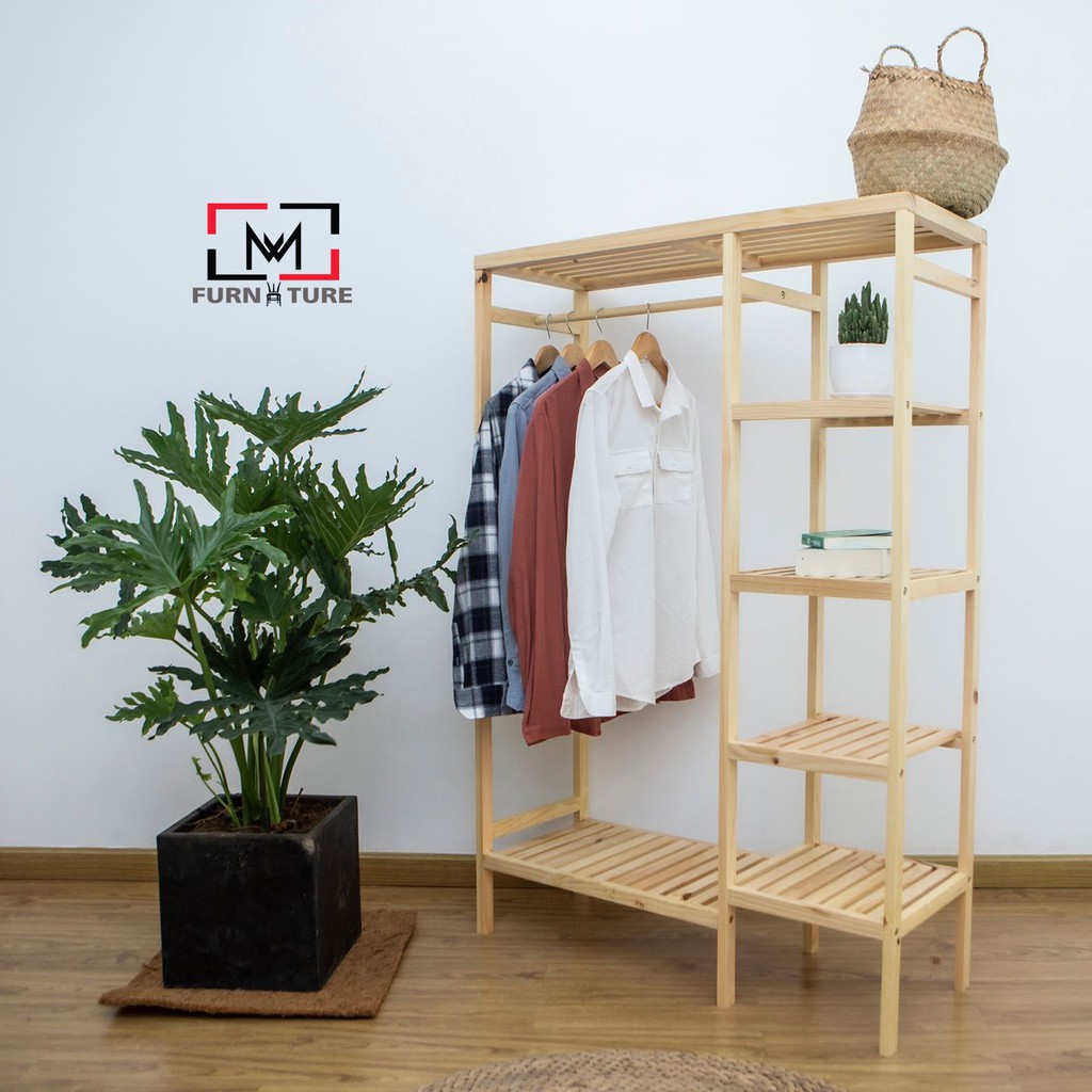 TỦ QUẦN ÁO GỖ THÔNG 97x143 cm. TỦ TREO QUẦN ÁO ĐÔI 5 TẦNG | BigBuy360 - bigbuy360.vn