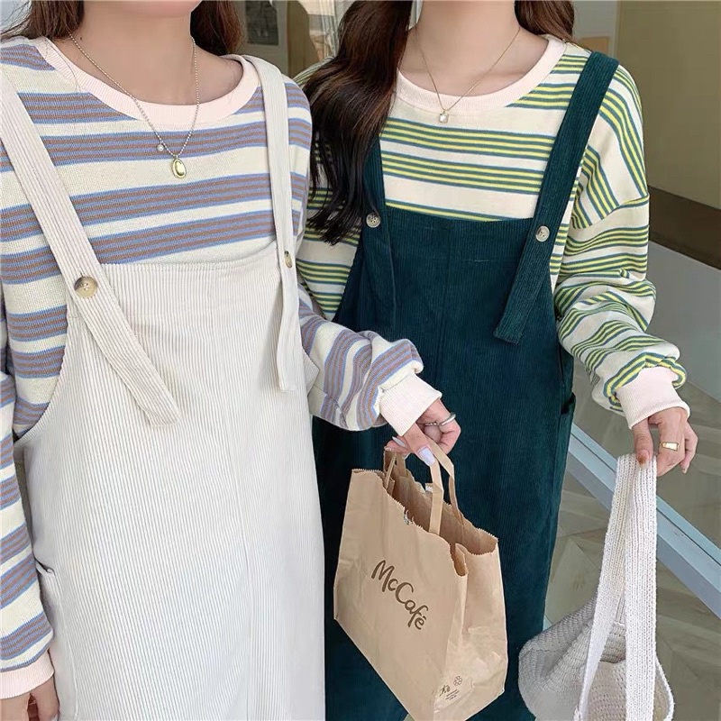 Set áo Len sweater chất dày dặn + váy yếm nhung tăm dáng suông phong cách Hàn Quốc