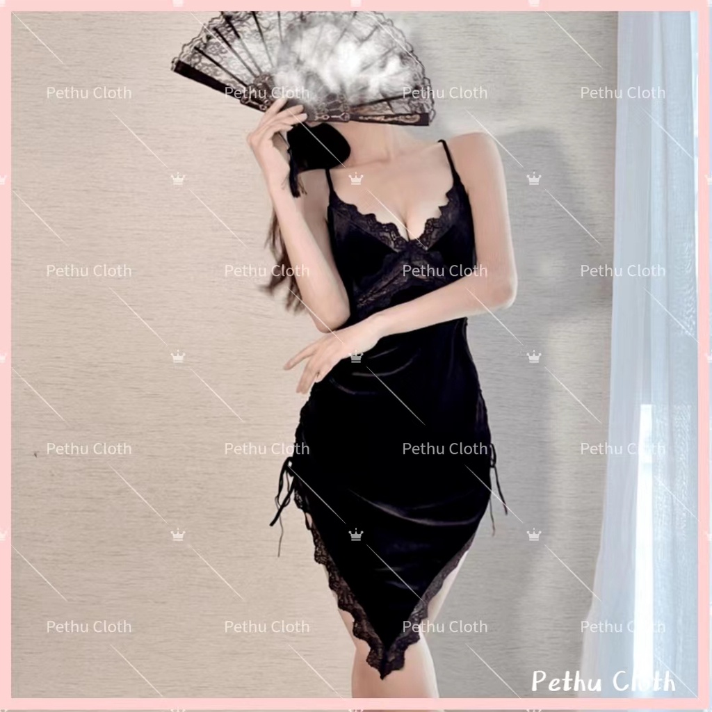 ( Q1,HCM）Đồ Váy ngủ sexyBộ Ngủ 2 Dây Chéo Lưng Màu Đen Free Size 40-65kg - ( ảnh thật) 40-65kg--014