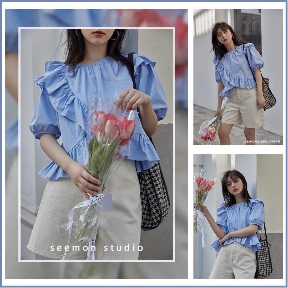 Áo kiểu babydoll tay ngắn màu trắng xanh dương kiểu dáng cổ điển