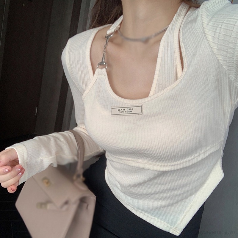 Áo Croptop Tay Dài Cổ Yếm Màu Sắc Trơn Thiết Kế Độc Đáo Phong Cách Hàn Quốc Thời Trang Cho Nữ
