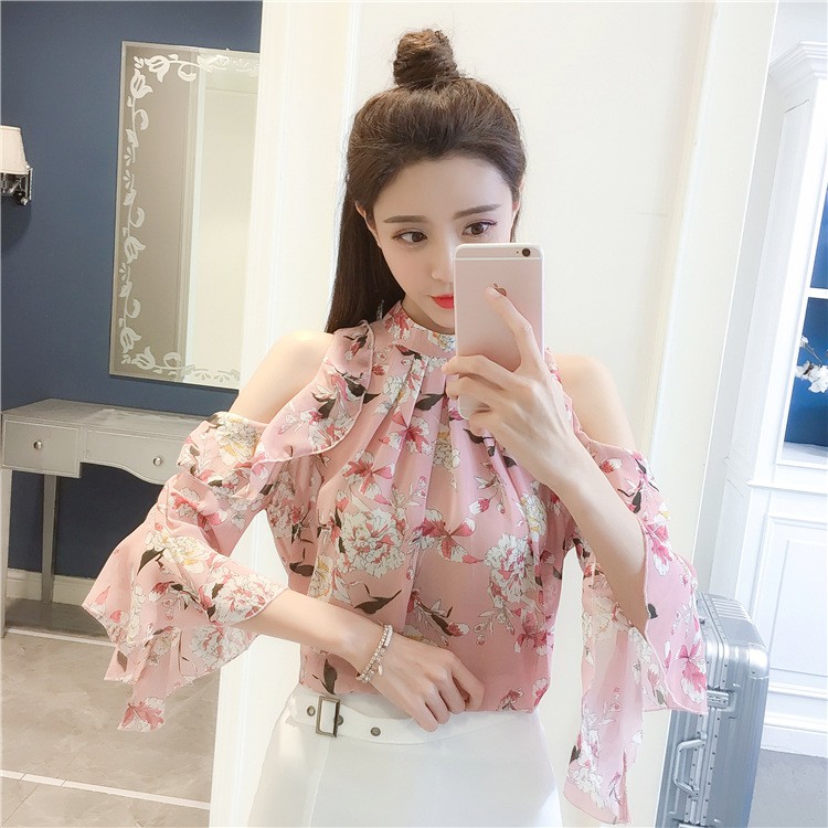 Áo chiffon trễ vai tay loe in hoa5 tiết nữ tính