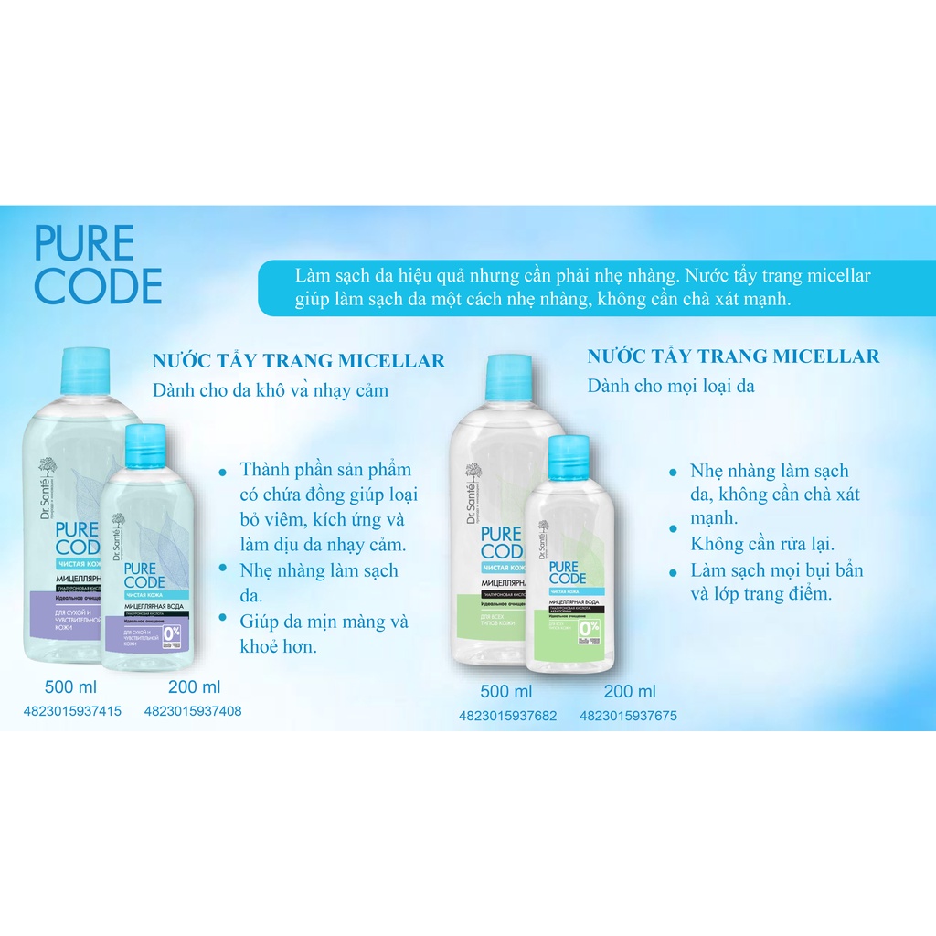 Nước tẩy trang micellar Dr. Sante Pure Code dành cho da khô, da nhạy cảm - BioTopcare Official