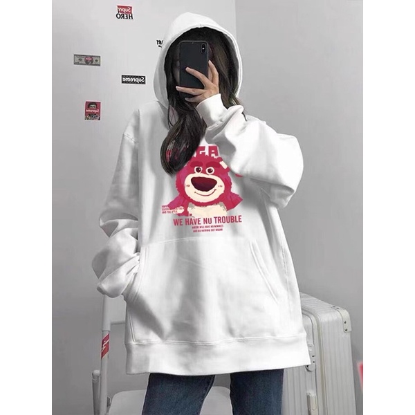 Áo Hoodie Gấu Dâu Tay Dài Nỉ Bông Túi Bụng To