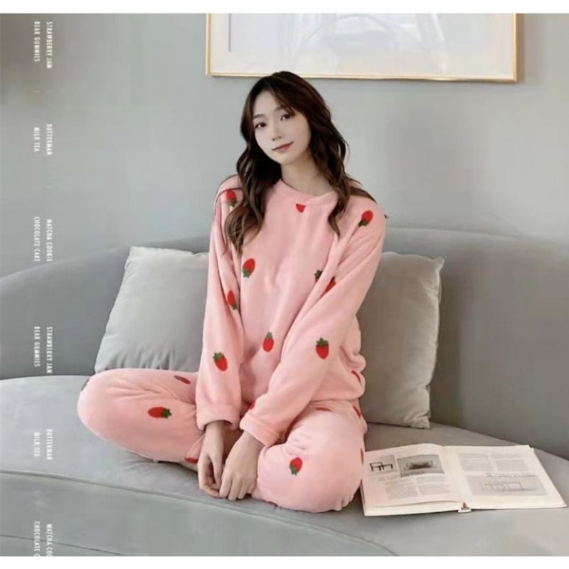 Bộ đồ ngủ lông trơn họa tiết DÂU, Quần bông giữ nhiệt siêu ấm