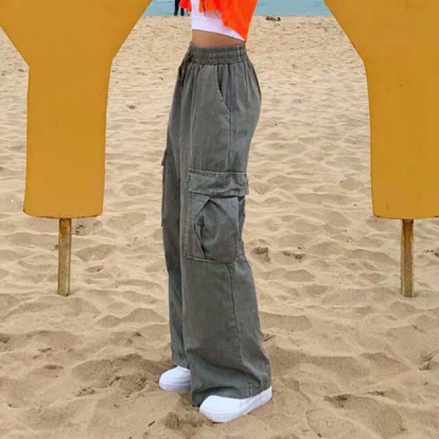 Quần kaki ống rộng túi hộp màu xanh rêu /đen cạp chun dây rút oversize unisex hiphop Ulzzang siêu chất