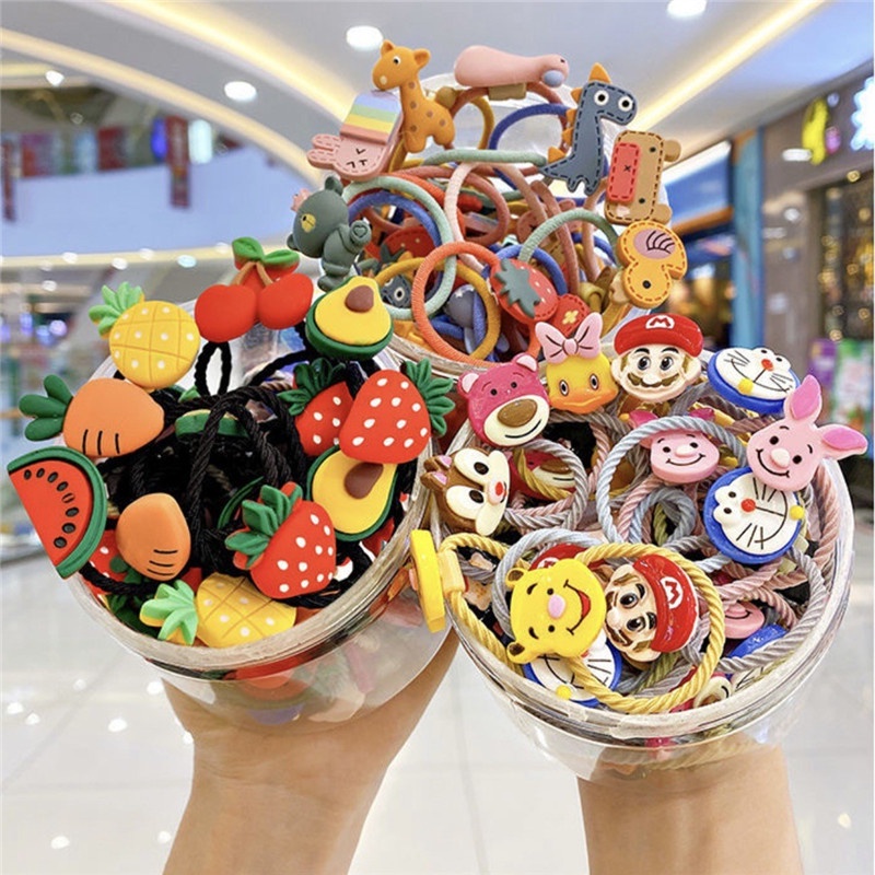 Hộp 30 Dây Buộc Tóc Co Giãn In Họa Tiết Trái Cây / Động Vật Hoạt Hình Cho Bé Gái