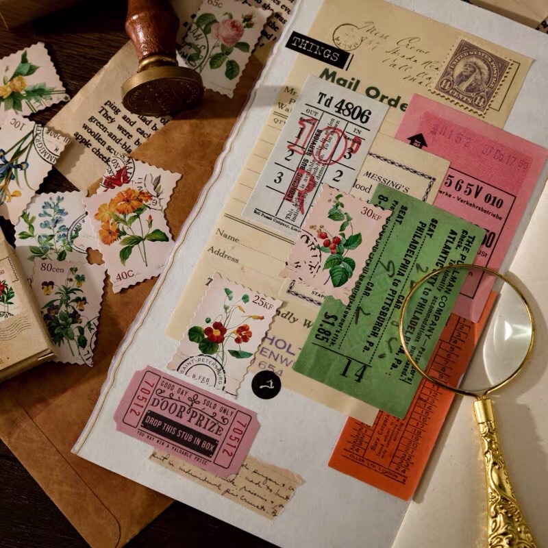 Hộp 46 sticker hoa vintage, tem thư, nhãn dán trang trí