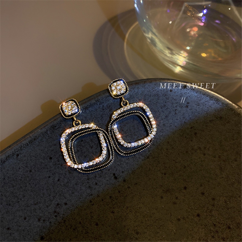 Bông Tai Hình Tròn Lớn Đính Kim Cương Trắng/ Đen Phong Cách Hàn Quốc Thời Trang Cho Nữ