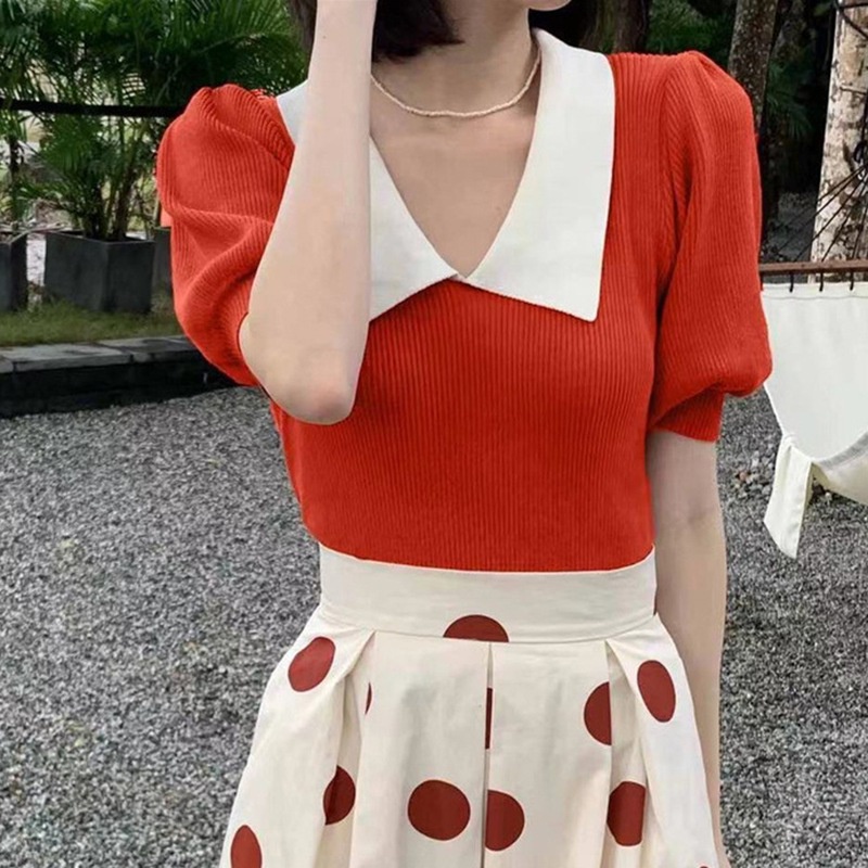 Áo Dệt Kim Tay Phồng Ngắn Phong Cách Retro Thời Trang Cho Nữ