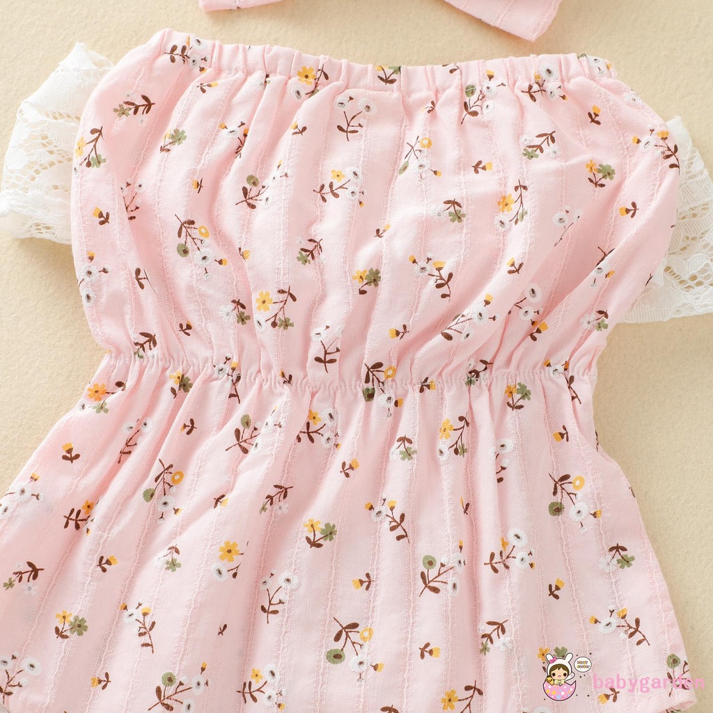 Set áo liền quần không tay + băng đô họa tiết hoa dành cho bé gái