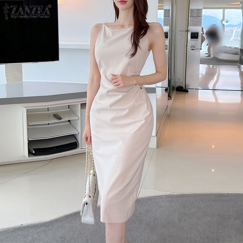 ZANZEA Đầm Midi Không Tay Cổ Tròn Thời Trang Hàn Quốc Cho Nữ
