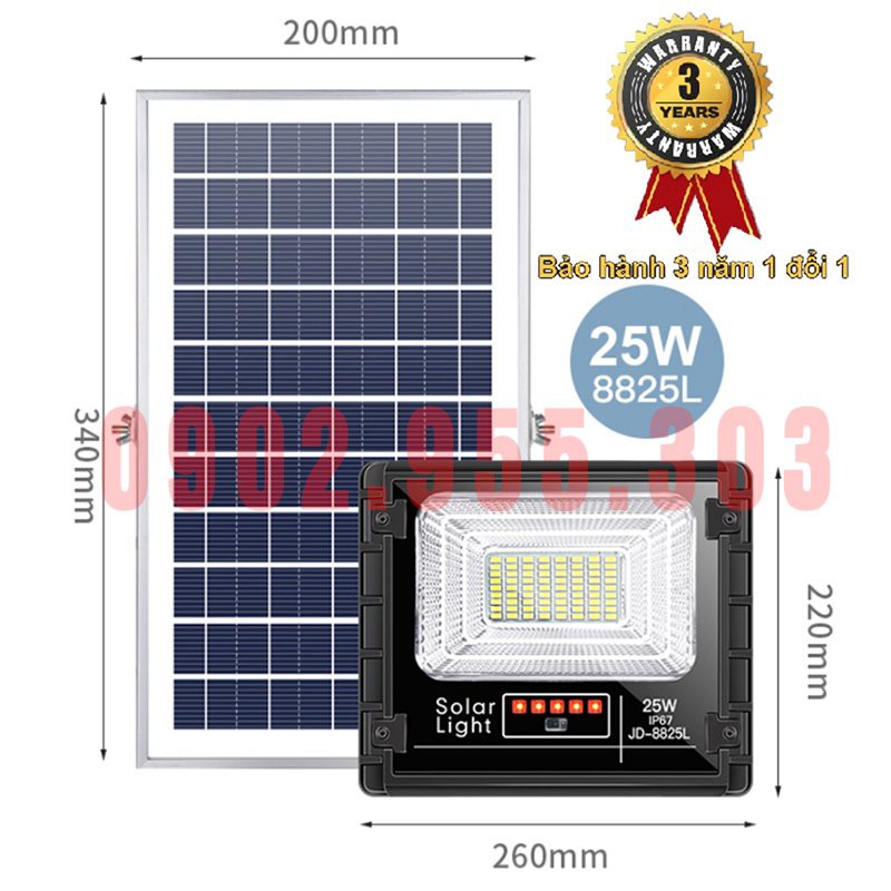 Đèn Năng Lượng Mặt Trời Vĩnh Cát Solar JD-8825L Công Suất 25W Khung Nhôm, chính hãng - BH 03 Năm