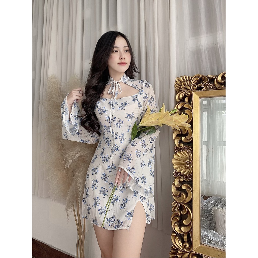 Đầm hoa hở ngực tay dài HDT190 Hỉn Hỉn Store