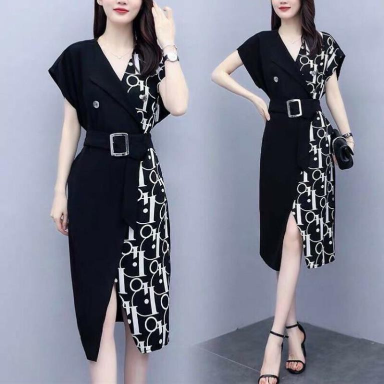 Hàng nhập - Đầm vest ôm lụa in chữ, váy ôm body công sở