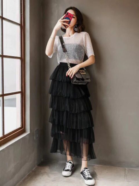 Chân váy dài 6 tầng dáng dài Quảng Châu - đầm nữ dáng dài