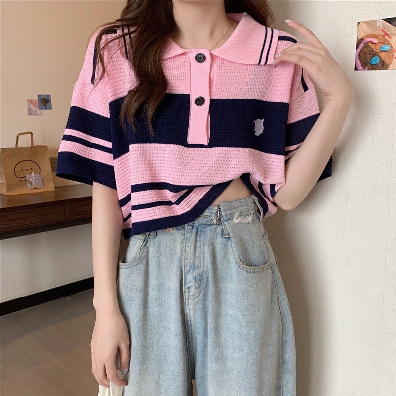 áo croptop Áo polo Dệt Kim Ngắn Tay Họa Tiết Kẻ Sọc Thời Trang Cho Nữ JL-TX-172