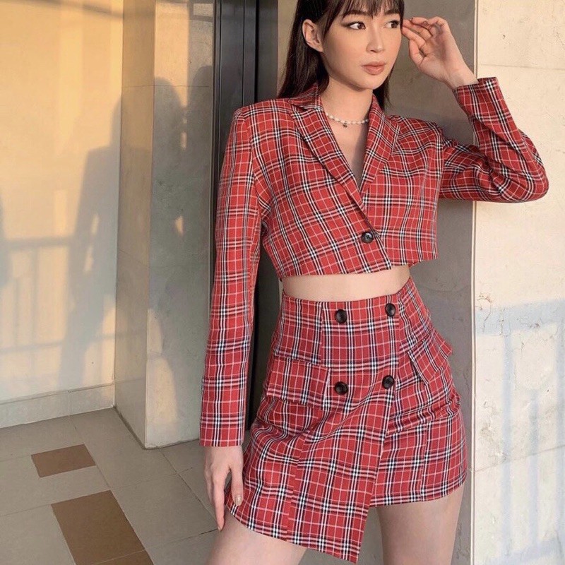[Ảnh thật]Set vest caro đỏ kèm váy