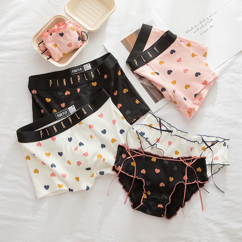 Cặp Đôi Bông Quần Lót Nam Boxer Nữ Tam Giác In Eo Quần Lót