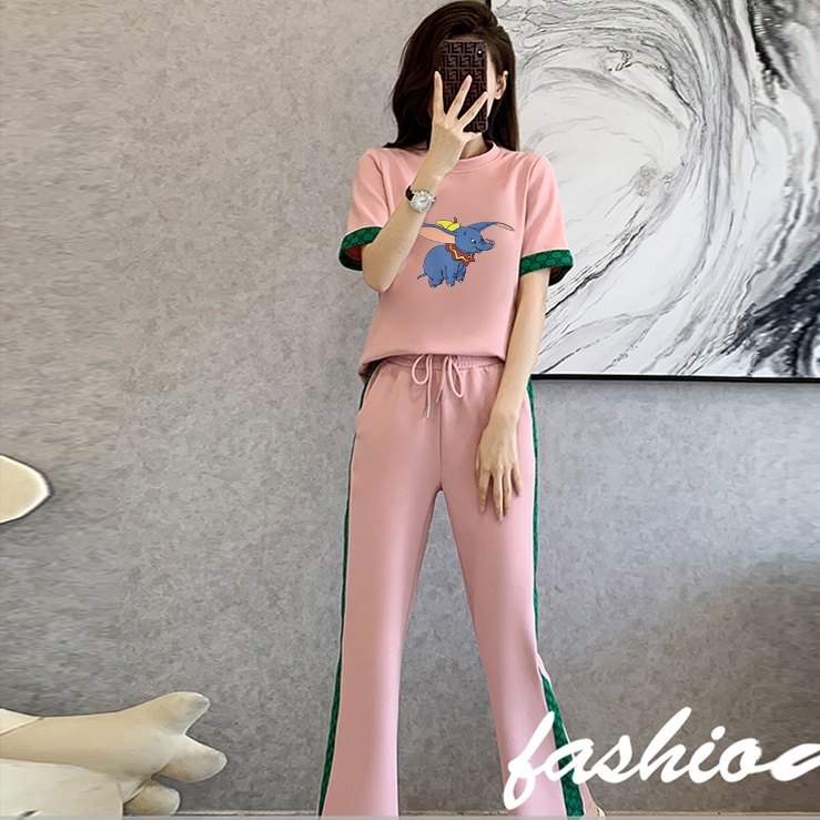 Set Áo Thun Ngắn Tay + Quần Dài Ống Rộng Thời Trang Nữ